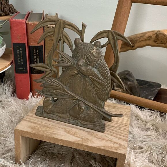 Vintage Distressed Tarnished Cast Metal Brass Panda with Bamboo Letter Holder - Picture 1 of 17